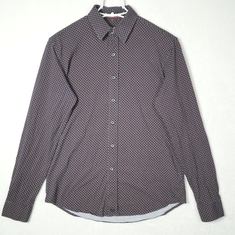 Buttercloth Icy Cotton Mens Small Regular Fit Navy Geometric Long Sleeve Shirt